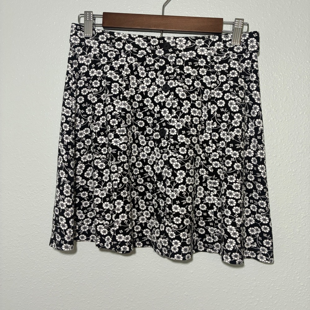 LOFT Black White Floral Daisy Button Front A-Line Mini Skirt XS